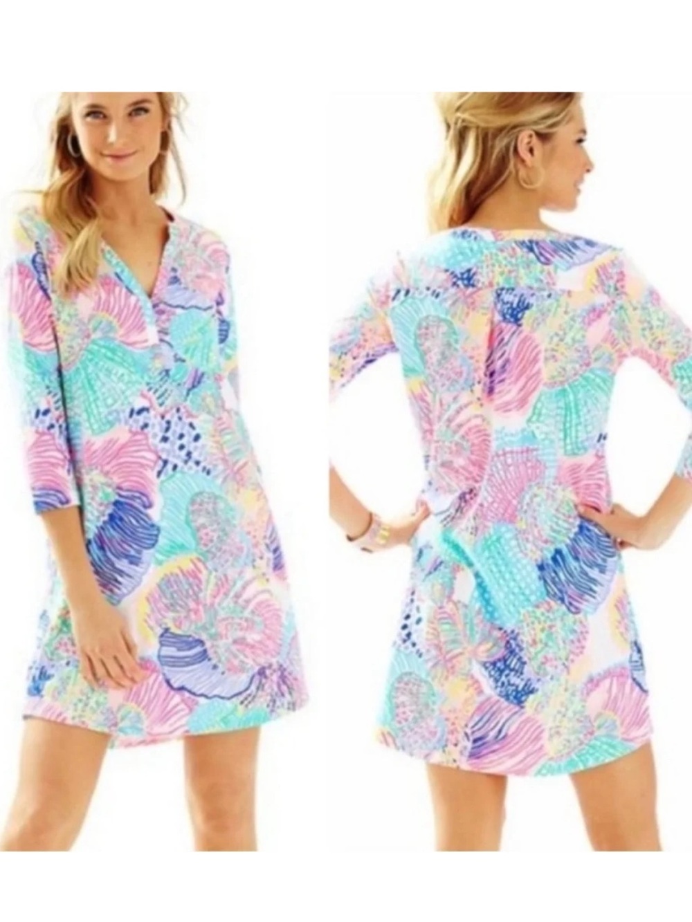 Lilly Pulitzer 100% Pima Cotton 3/4 Sleeve Shift T-Shirt Dress Abstract Shell XS
